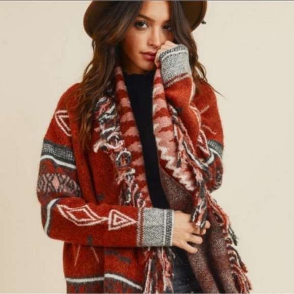 Doe & Rae Sweaters - Aztec Southwest Print Cozy Warm Chunky Cardigan